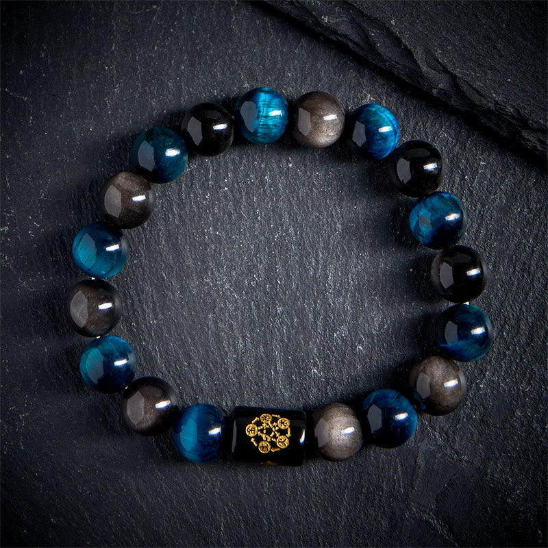 Pulsera de protección de cinco elementos con Buddha Stones, obsidiana plateada, ojo de tigre azul y ónix negro - image 1