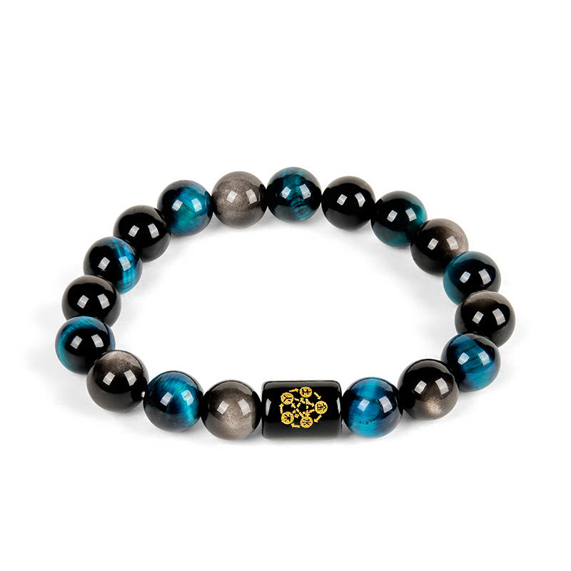 Pulsera de protección de cinco elementos con Buddha Stones, obsidiana plateada, ojo de tigre azul y ónix negro - image 4