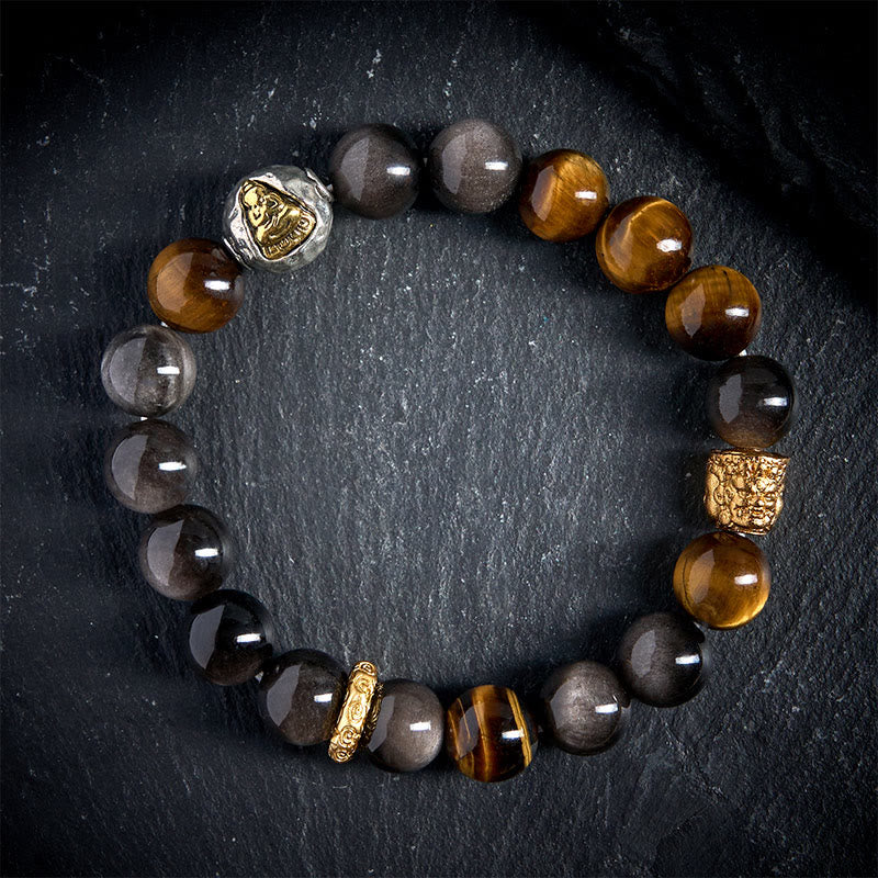 Pulsera de protección de Buda de tres caras con obsidiana, ojo de tigre y brillo plateado natural de Buddha Stones - image 2