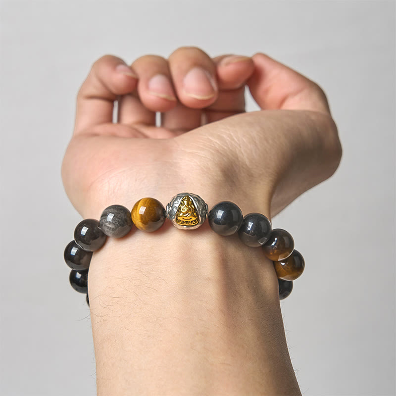 Pulsera de protección de Buda de tres caras con obsidiana, ojo de tigre y brillo plateado natural de Buddha Stones - image 4