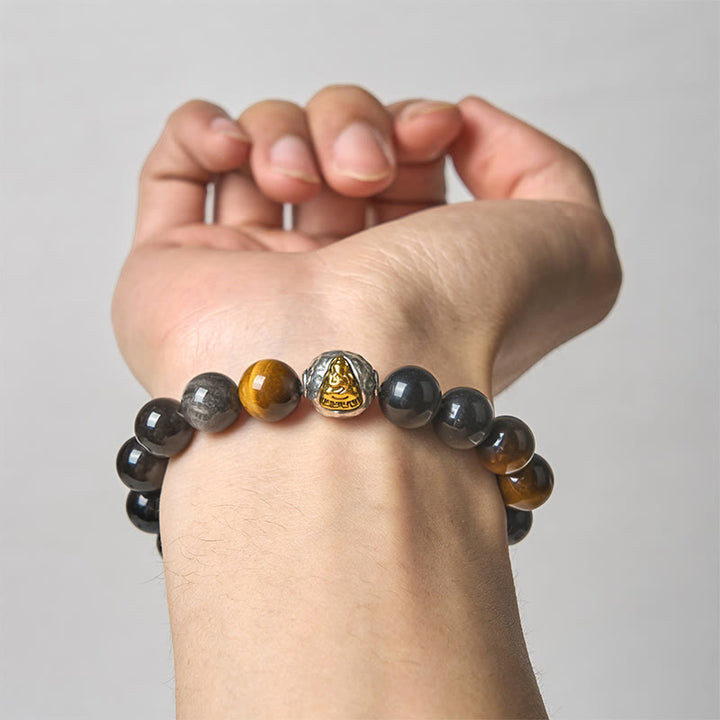 Pulsera de protección de Buda de tres caras con obsidiana, ojo de tigre y brillo plateado natural de Buddha Stones - image 4