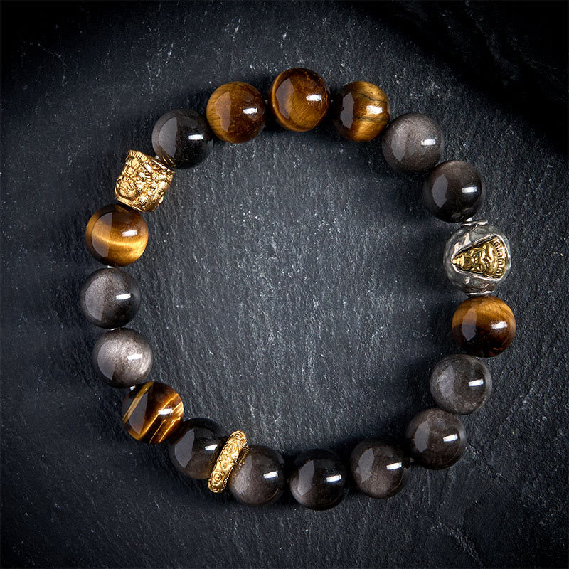 Pulsera de protección de Buda de tres caras con obsidiana, ojo de tigre y brillo plateado natural de Buddha Stones - 20 centímetros - image 0