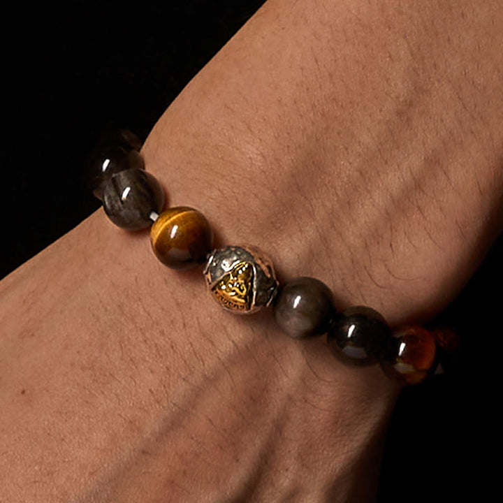 Pulsera de protección de Buda de tres caras con obsidiana, ojo de tigre y brillo plateado natural de Buddha Stones - image 3
