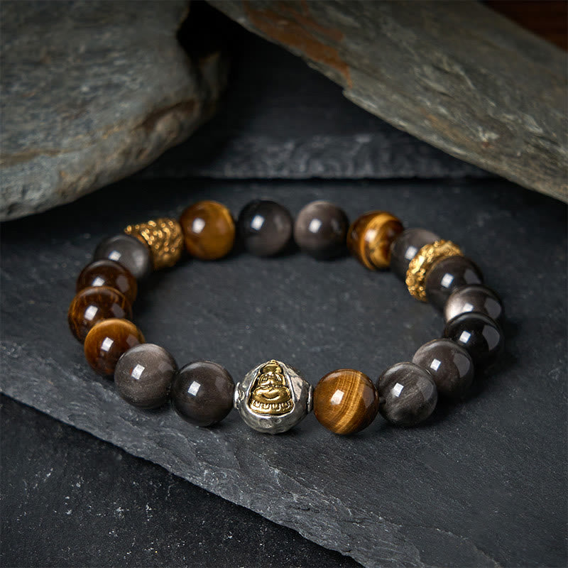 Pulsera de protección de Buda de tres caras con obsidiana, ojo de tigre y brillo plateado natural de Buddha Stones - image 1