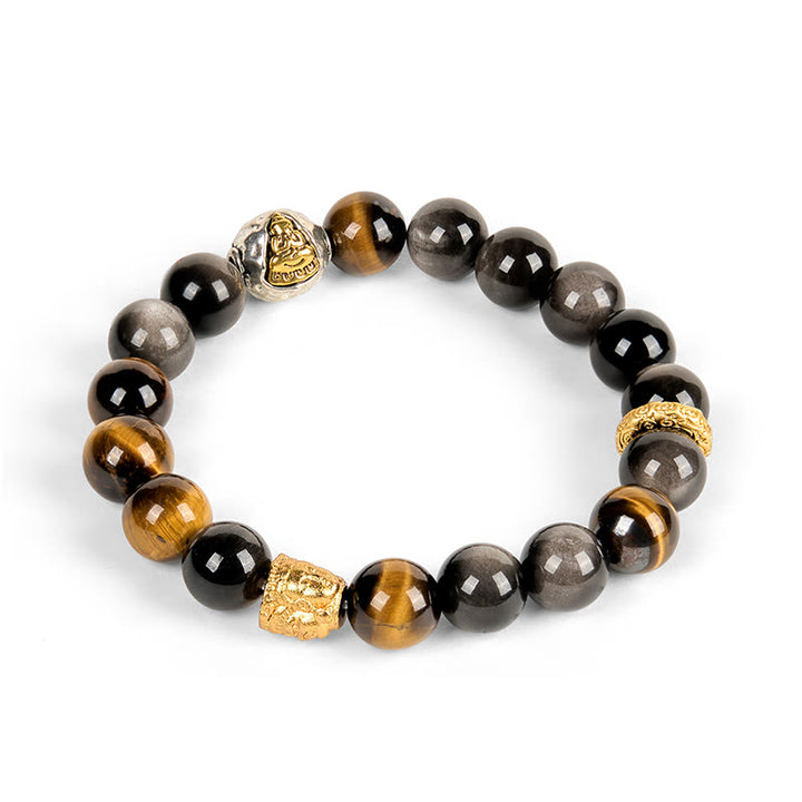 Pulsera de protección de Buda de tres caras con obsidiana, ojo de tigre y brillo plateado natural de Buddha Stones - image 5
