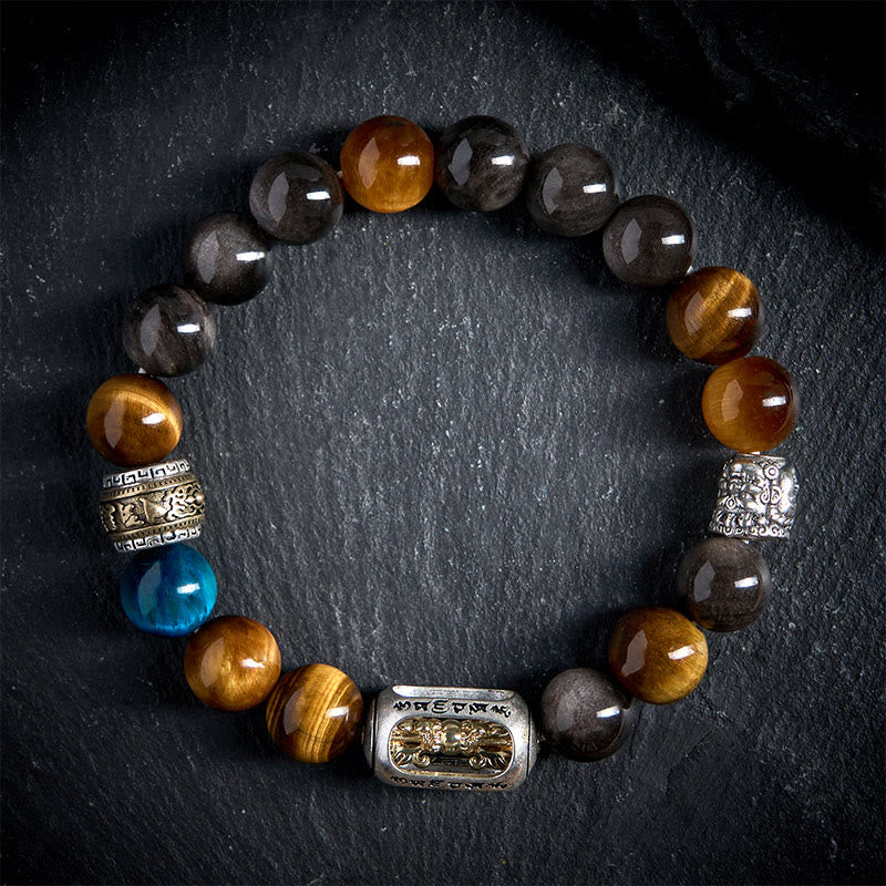 Buddha Stones con tres caras, obsidiana, ojo de tigre, brillo plateado y Om Mani Padme Hum - 20 centímetros - image 0