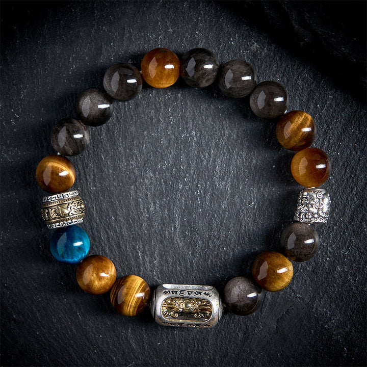 Buddha Stones con tres caras, obsidiana, ojo de tigre, brillo plateado y Om Mani Padme Hum - 20 centímetros - image 0