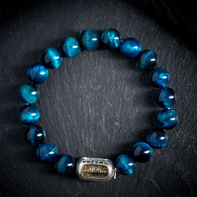 Pulsera de fuerza Om Mani Padme Hum con ojo de tigre azul natural de Buddha Stones - image 1