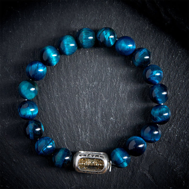 Pulsera de fuerza Om Mani Padme Hum con ojo de tigre azul natural de Buddha Stones - image 1