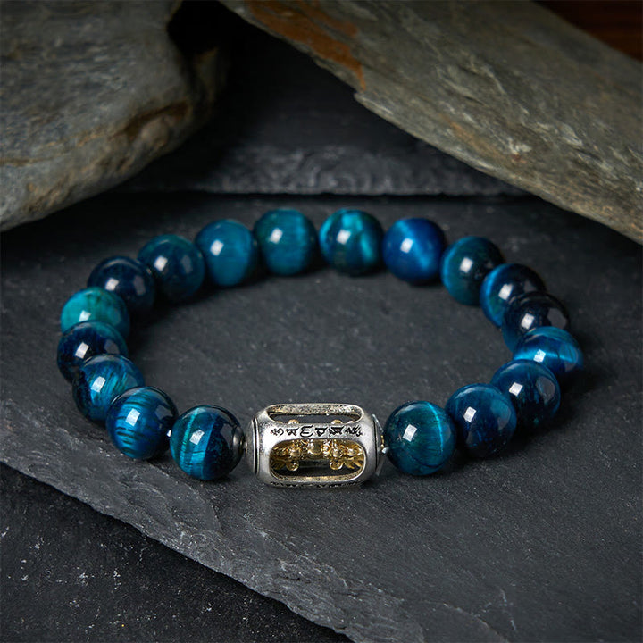 Pulsera de fuerza Om Mani Padme Hum con ojo de tigre azul natural de Buddha Stones - 20 centímetros - image 0
