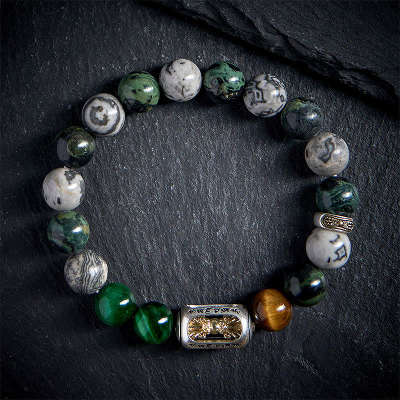 Pulsera de protección Om Mani Padme Hum con Buddha Stones, jaspe gris natural, jaspe Kambamba, ojo de tigre - image 1