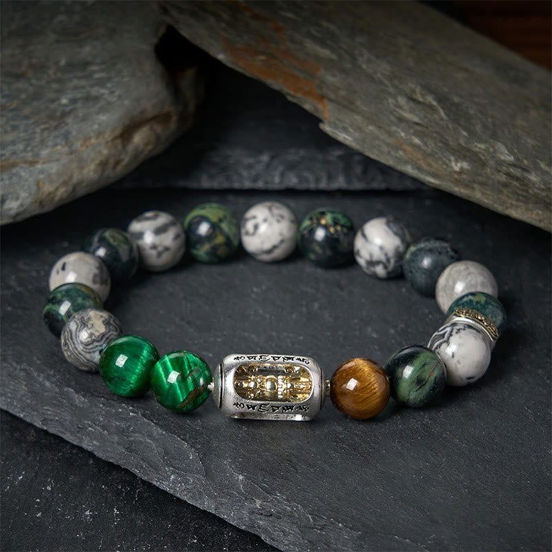 Pulsera de protección Om Mani Padme Hum con Buddha Stones, jaspe gris natural, jaspe Kambamba, ojo de tigre - 20 centímetros - image 0