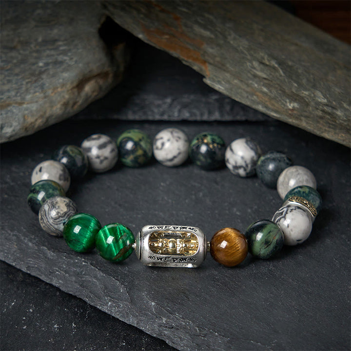 Pulsera de protección Om Mani Padme Hum con Buddha Stones, jaspe gris natural, jaspe Kambamba, ojo de tigre - 20 centímetros - image 0
