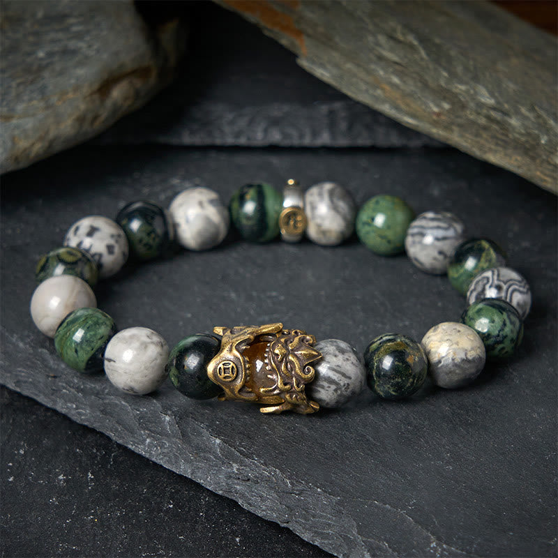 Pulsera de protección PiXiu del zodíaco con Buddha Stones, jaspe gris natural, jaspe Kambamba, citrino y caballo - image 1