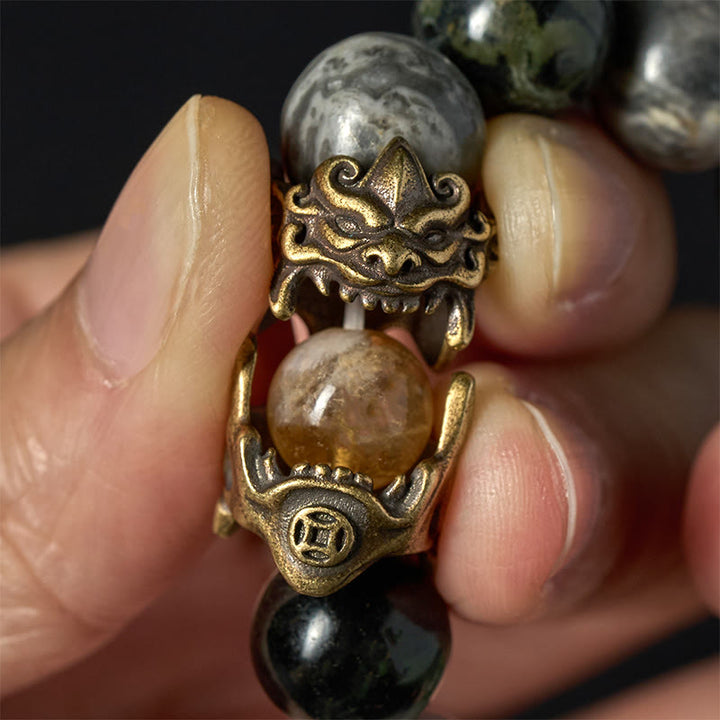 Pulsera de protección PiXiu del zodíaco con Buddha Stones, jaspe gris natural, jaspe Kambamba, citrino y caballo - image 5