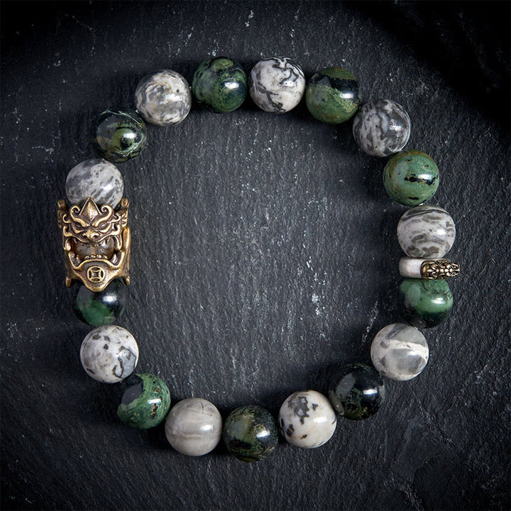 Pulsera de protección PiXiu del zodíaco con Buddha Stones, jaspe gris natural, jaspe Kambamba, citrino y caballo - 20 centímetros - image 0