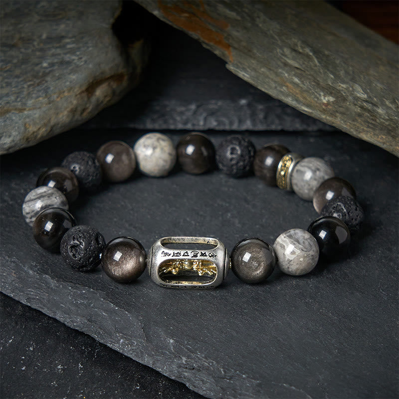 Buddha Stones Brillo plateado Obsidiana Roca de lava Jaspe gris Om Mani Padme Hum Vajra Pulsera calmante - 17 centímetros - image 0