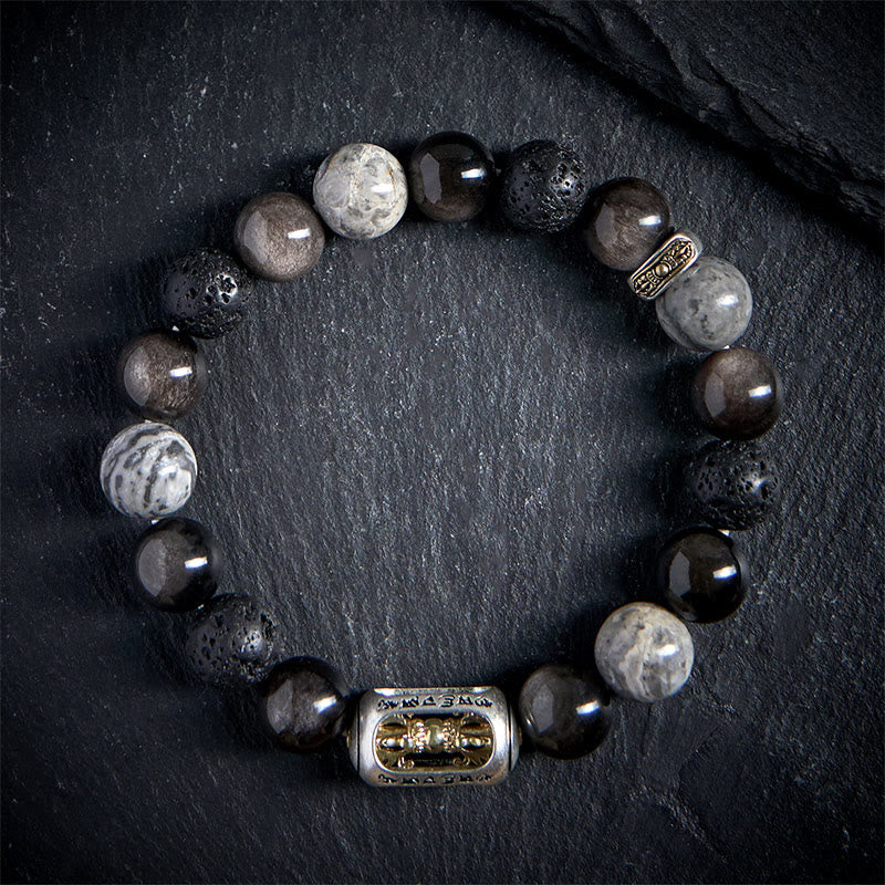 Buddha Stones Brillo plateado Obsidiana Roca de lava Jaspe gris Om Mani Padme Hum Vajra Pulsera calmante - image 1
