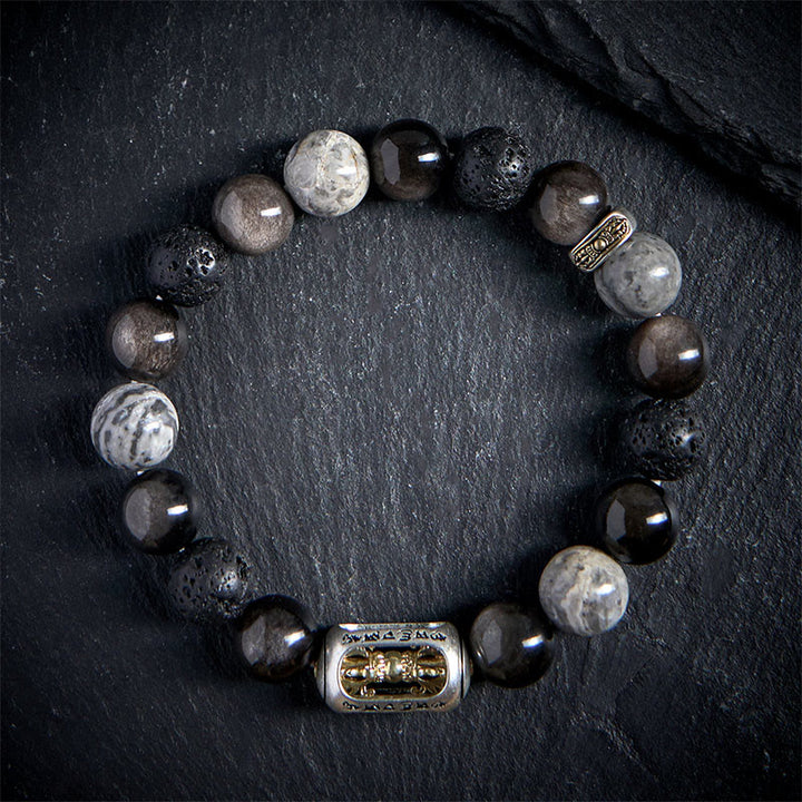 Buddha Stones Brillo plateado Obsidiana Roca de lava Jaspe gris Om Mani Padme Hum Vajra Pulsera calmante - image 1