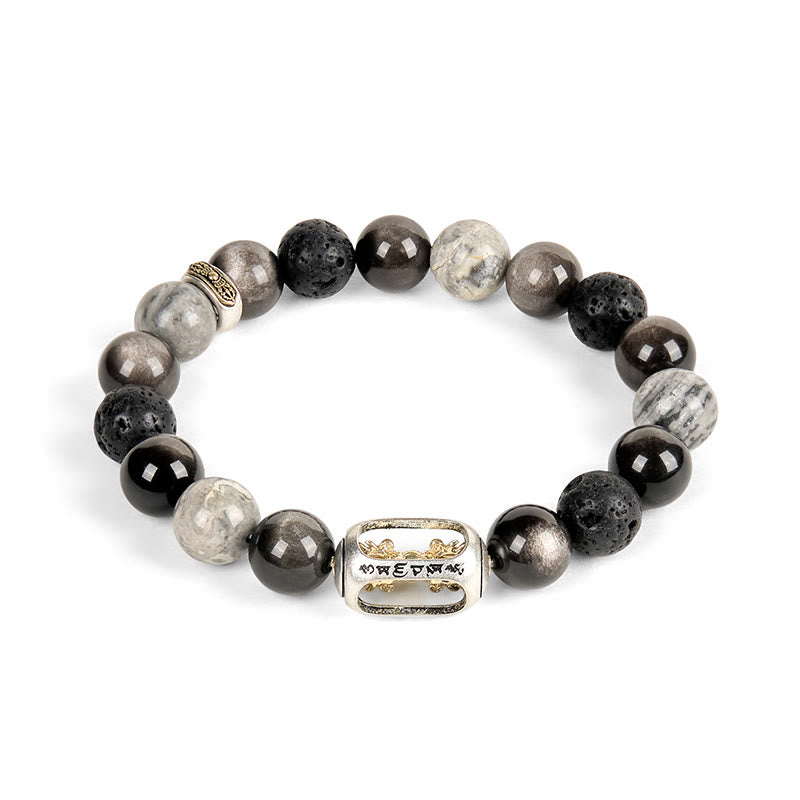 Buddha Stones Brillo plateado Obsidiana Roca de lava Jaspe gris Om Mani Padme Hum Vajra Pulsera calmante - image 4