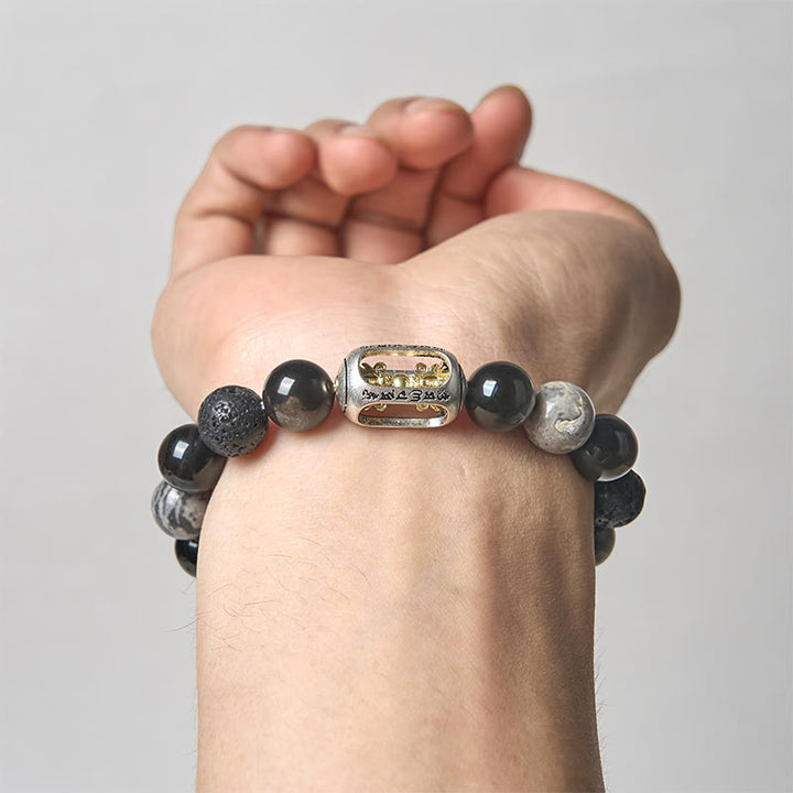Buddha Stones Brillo plateado Obsidiana Roca de lava Jaspe gris Om Mani Padme Hum Vajra Pulsera calmante - image 3