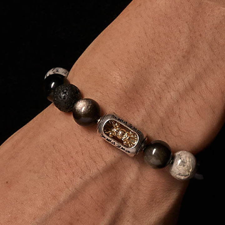 Buddha Stones Brillo plateado Obsidiana Roca de lava Jaspe gris Om Mani Padme Hum Vajra Pulsera calmante - image 2