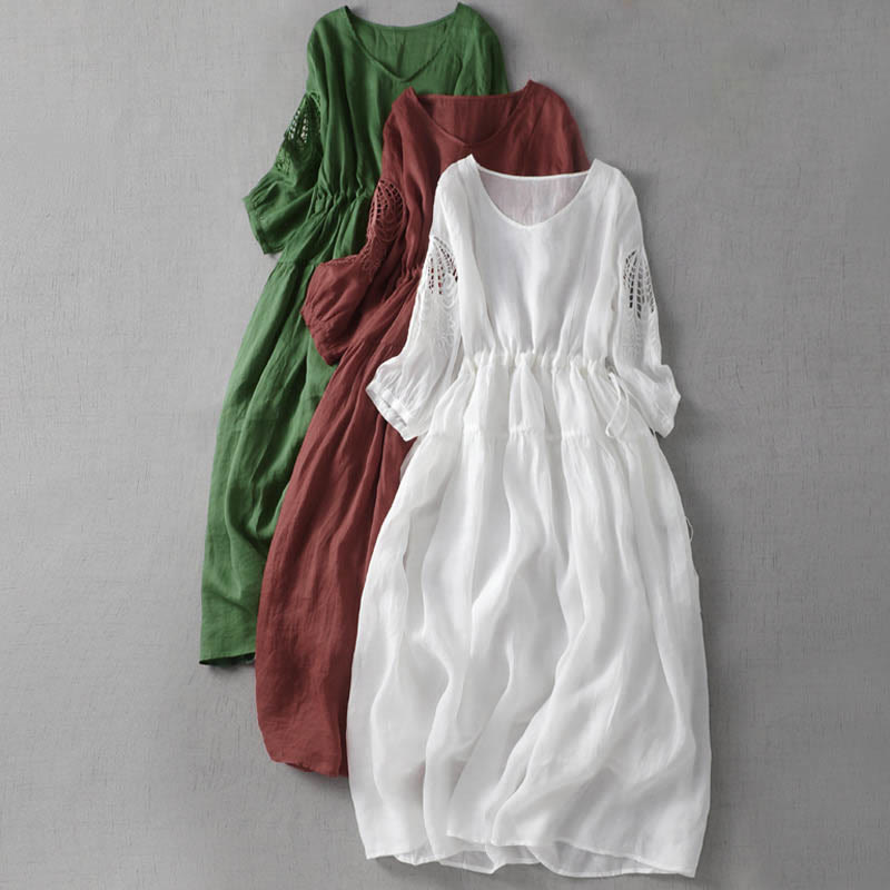 Vestido midi con bolsillos, mangas abullonadas y bordado de Buddha Stones - image 0