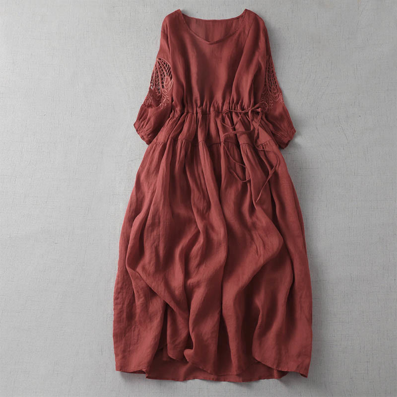 Vestido midi con bolsillos, mangas abullonadas y bordado de Buddha Stones - Carmesí - US8-10，UK/AU12-14，EU40-42 (2XL) - image 3