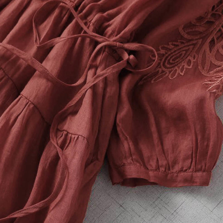 Vestido midi con bolsillos, mangas abullonadas y bordado de Buddha Stones - image 17