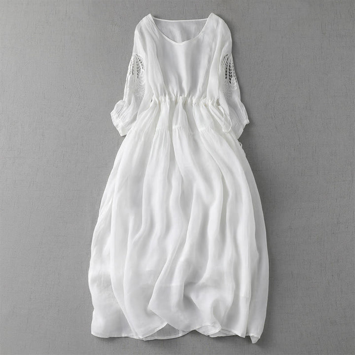 Vestido midi con bolsillos, mangas abullonadas y bordado de Buddha Stones - Blanco - US8-10，UK/AU12-14，EU40-42 (2XL) - image 19