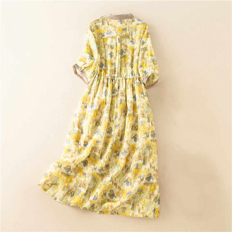 Vestido midi con estampado floral en contraste de color y media manga con bolsillos de Buddha Stones - image 16