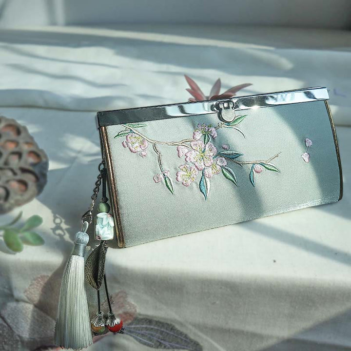 Monedero de compras con bordado de doble cara de bambú, flor de Buddha Stones , ciruela, flor de melocotón, tarjetero para efectivo de gran capacidad - Flores de durazno verde - image 8