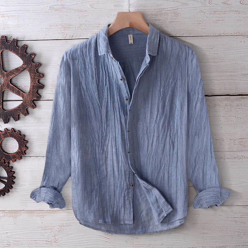 Camisa de lino y algodón con solapa y botones de manga corta para hombre con Buddha Stones - Manga larga - Azul aciano - US/UK/AU50, UE60 (5XL) - image 15