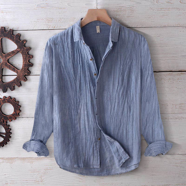 Camisa de lino y algodón con solapa y botones de manga corta para hombre con Buddha Stones - Manga larga - Azul aciano - US/UK/AU50, UE60 (5XL) - image 15