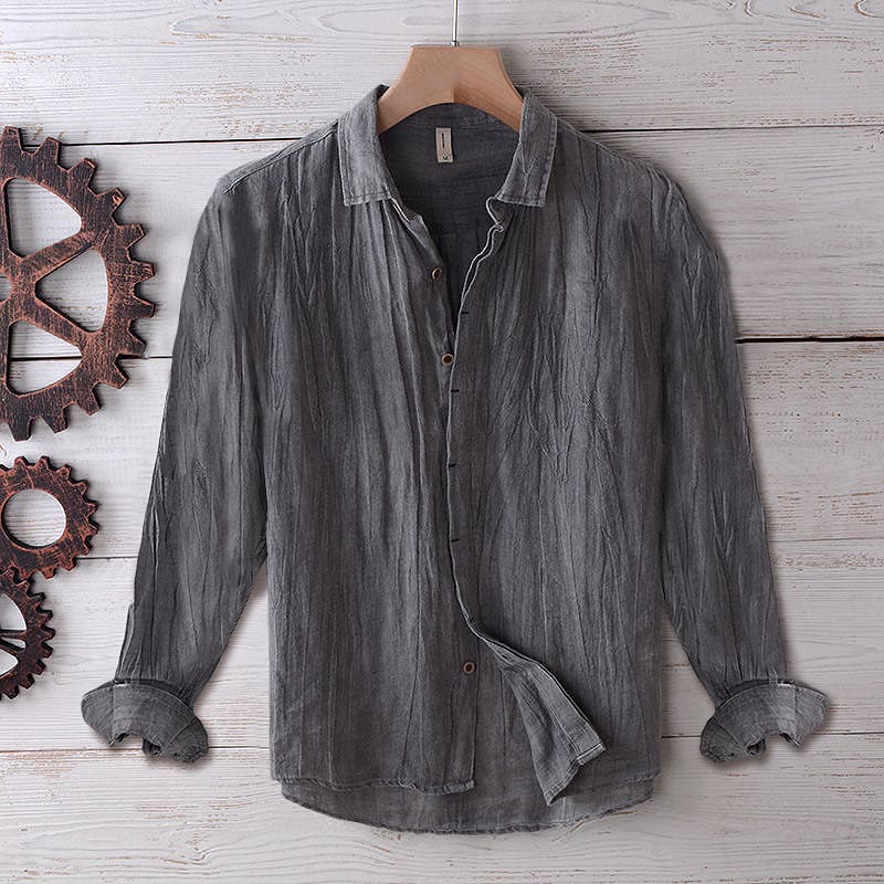 Camisa de lino y algodón con solapa y botones de manga corta para hombre con Buddha Stones - Manga larga - Gris - US/UK/AU50, EU60 (5XL) - image 19