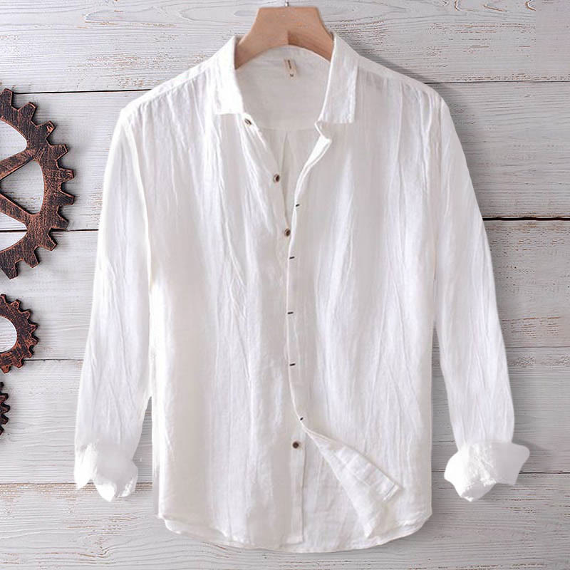 Camisa de lino y algodón con solapa y botones de manga corta para hombre con Buddha Stones - Manga larga - Blanco - US/UK/AU50, EU60 (5XL) - image 20