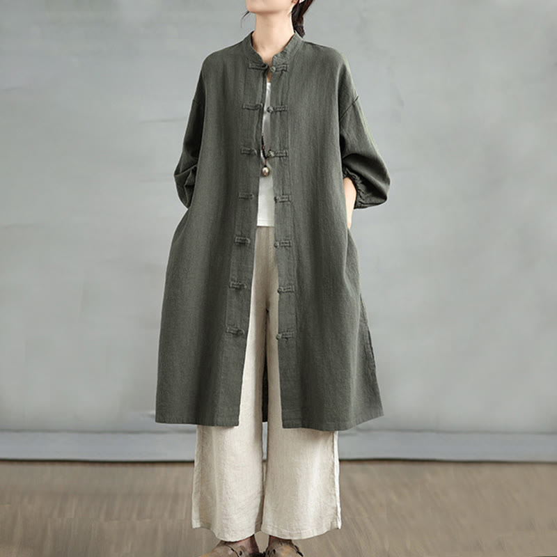 Abrigo informal de lino y algodón con botones de rana para mujer de Buddha Stones y bolsillos - Verde oliva oscuro - US12, UK/AU16, EU44 (2XL) - image 5