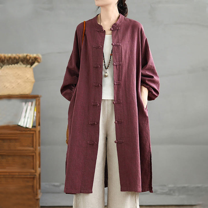Abrigo informal de lino y algodón con botones de rana para mujer de Buddha Stones y bolsillos - Púrpura - US12, UK/AU16, EU44 (2XL) - image 0