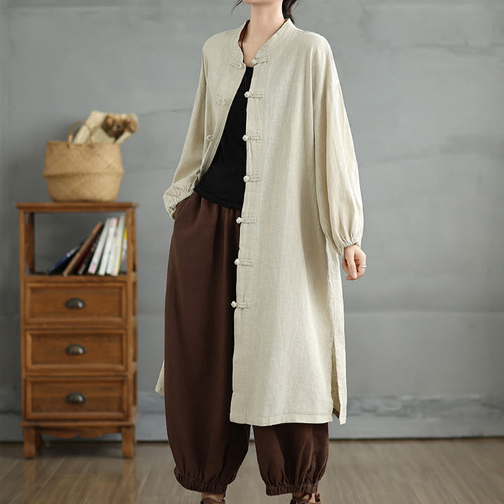 Abrigo informal de mujer con botones de rana y bolsillos, estampado de Buddha Stones. - image 15