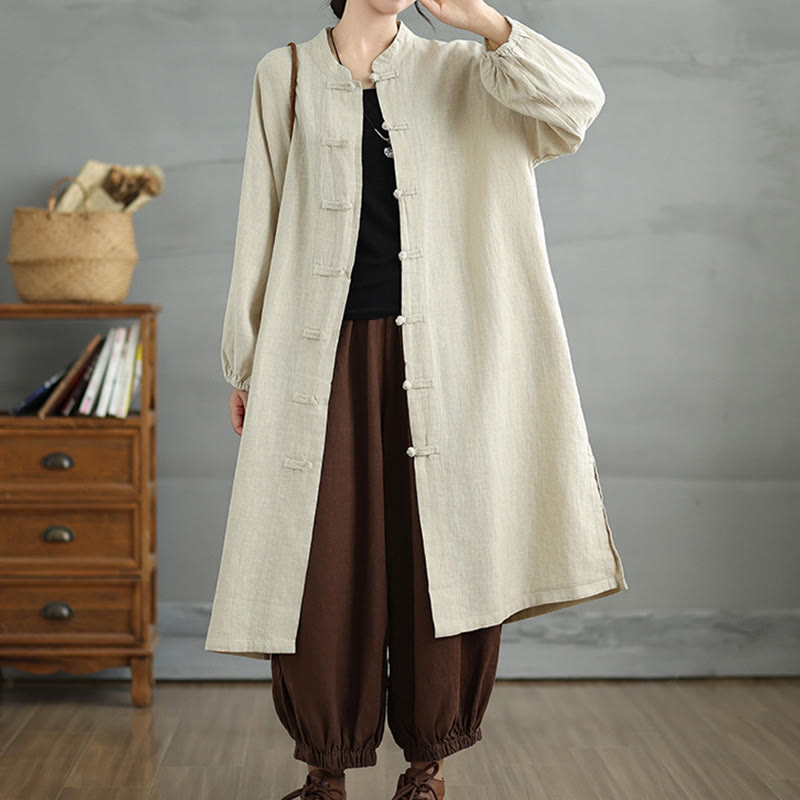 Abrigo informal de mujer con botones de rana y bolsillos, estampado de Buddha Stones. - Beige - US12, UK/AU16, EU44 (2XL) - image 12