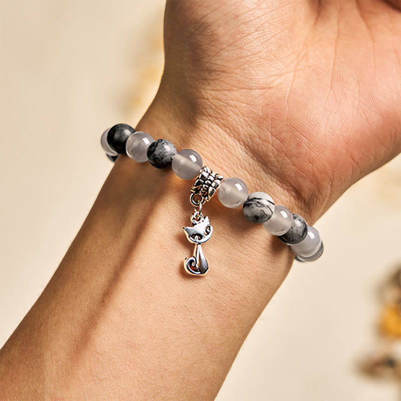 Pulsera curativa de cuentas de ágata jaspe gris natural con diseño de gato de Birmania de Buddha Stones - image 3