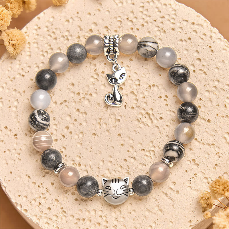 Pulsera curativa de cuentas de ágata jaspe gris natural con diseño de gato de Birmania de Buddha Stones - image 1