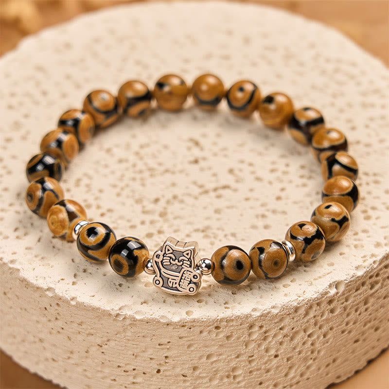 Pulsera de bendiciones con cuentas de piedra de gato atigrado marrón de plata de ley 925 de Buddha Stones - image 1