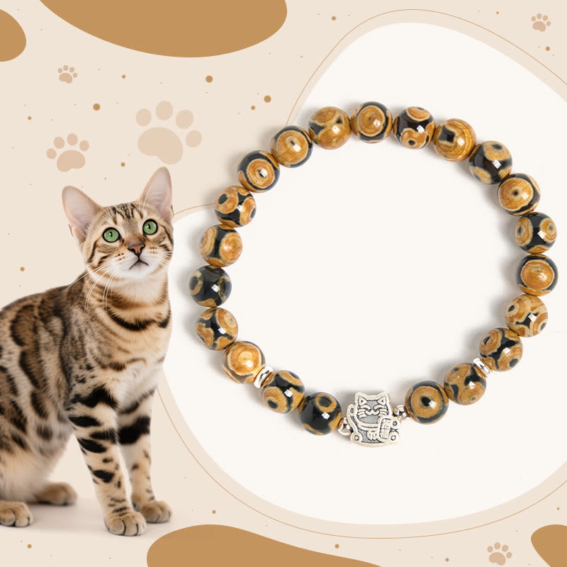 Pulsera de bendiciones con cuentas de piedra de gato atigrado marrón de plata de ley 925 de Buddha Stones - Atigrado marrón (circunferencia de la muñeca: 15-16 cm) - image 0