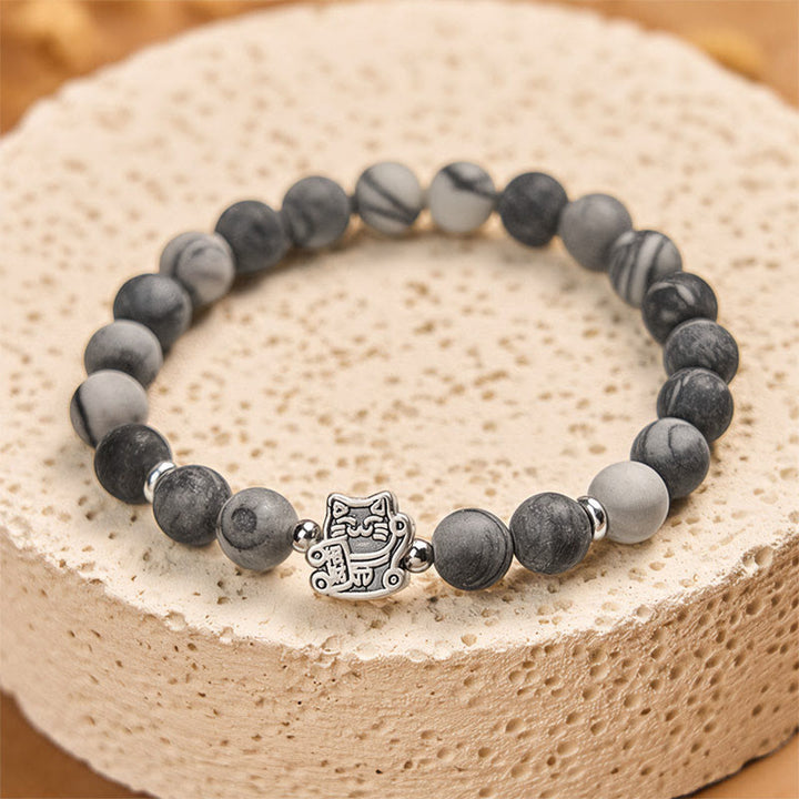Pulsera de estabilidad Buddha Stones en plata de ley 925 con jaspe veteado negro natural y gato atigrado gris - image 3