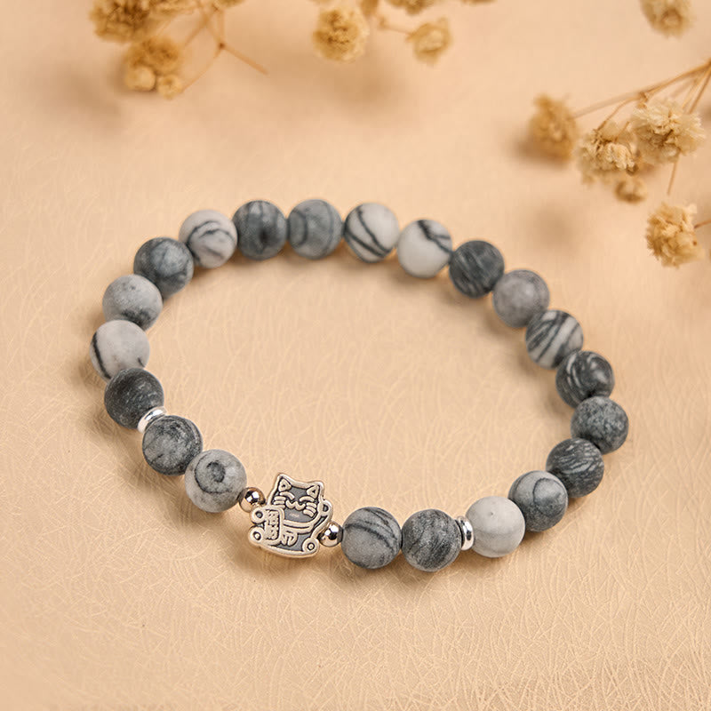Pulsera de estabilidad Buddha Stones en plata de ley 925 con jaspe veteado negro natural y gato atigrado gris - image 1