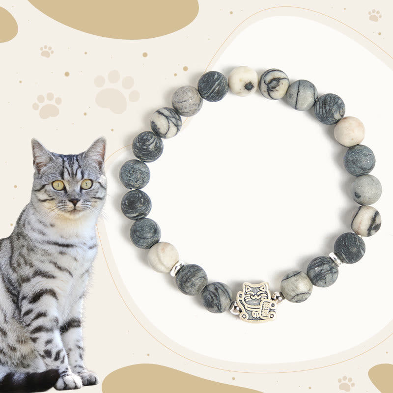 Pulsera de estabilidad Buddha Stones en plata de ley 925 con jaspe veteado negro natural y gato atigrado gris - Gato atigrado gris (circunferencia de muñeca: 15-16 cm) - image 0