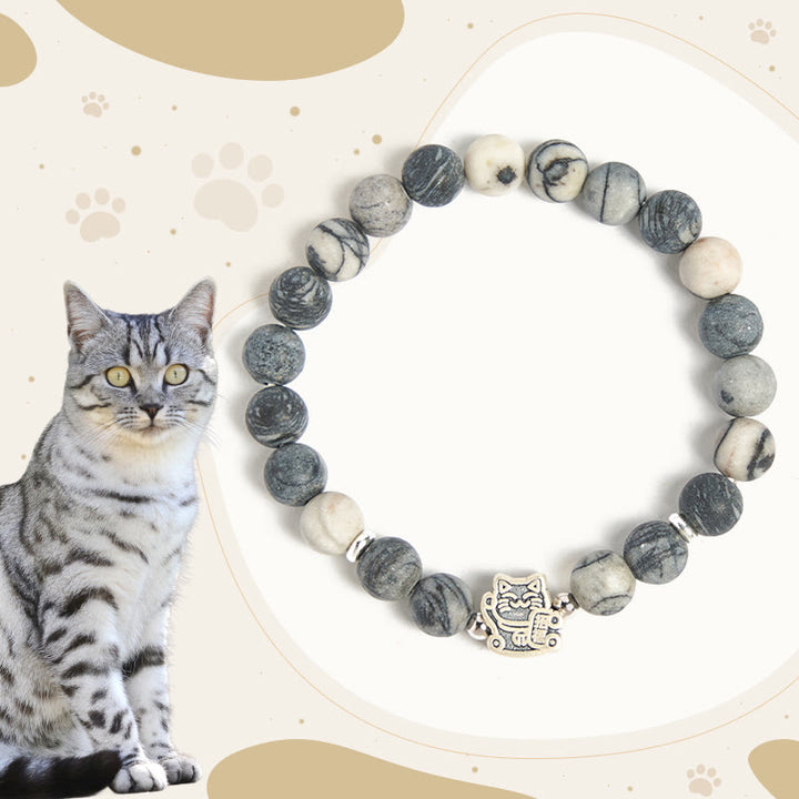 Pulsera de estabilidad Buddha Stones en plata de ley 925 con jaspe veteado negro natural y gato atigrado gris - Gato atigrado gris (circunferencia de muñeca: 15-16 cm) - image 0