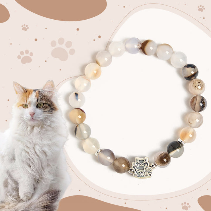 Pulsera de protección de ágata natural con diseño de gato calicó de plata de ley 925 Buddha Stones - Gato calicó (circunferencia de muñeca 15-16 cm) - image 0