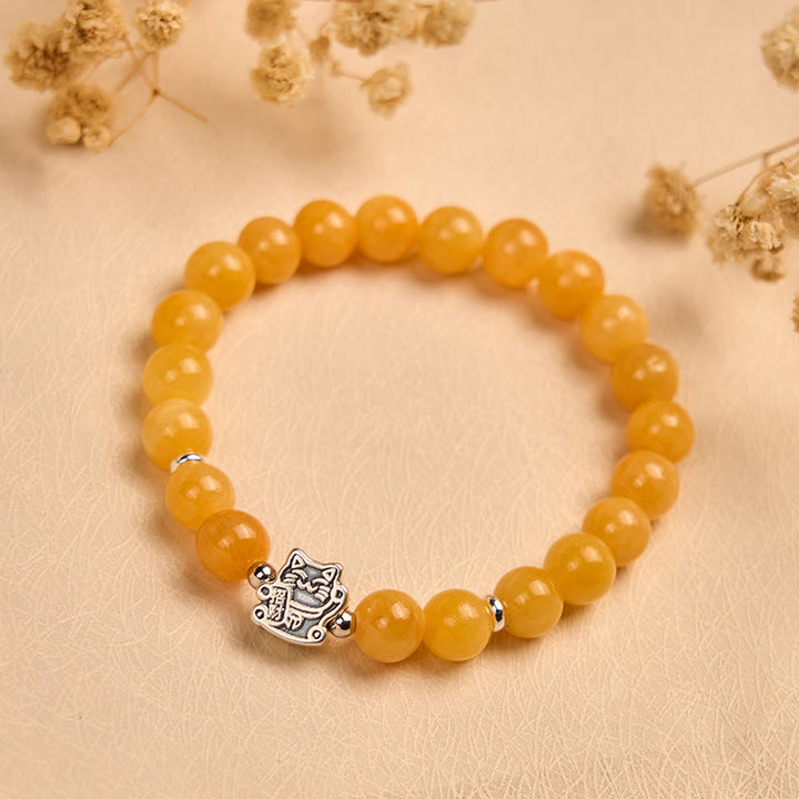 Pulsera de positividad con Buddha Stones en plata de ley 925 con gato atigrado naranja y calcedonia amarilla - image 1
